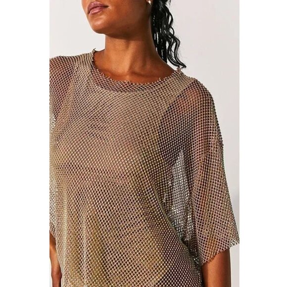 NEW Free People Filter Finish Bodysuit S $178 Iridescent Rhinestone Fishnet Mesh - Picture 8 of 9